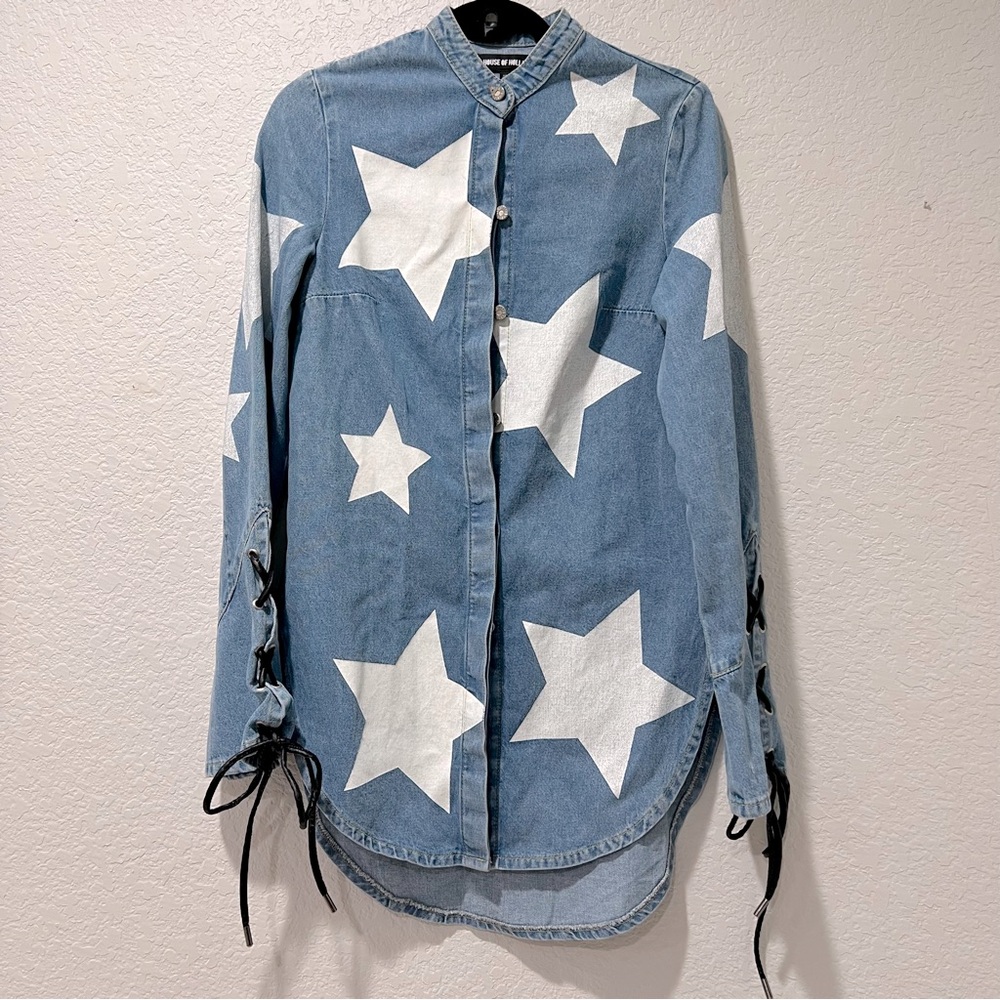 House of Holland Denim Jean Star Tunic Dress Button Up Long Sleeve Size 4